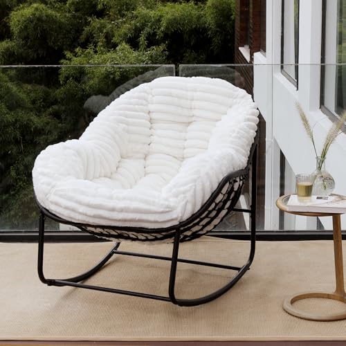 Outdoor Indoor Rocking Chair, Patio Wicker Egg Chair, Indoor & Outdoor Comfy Oversized Papasan Chair with Padded Cushion