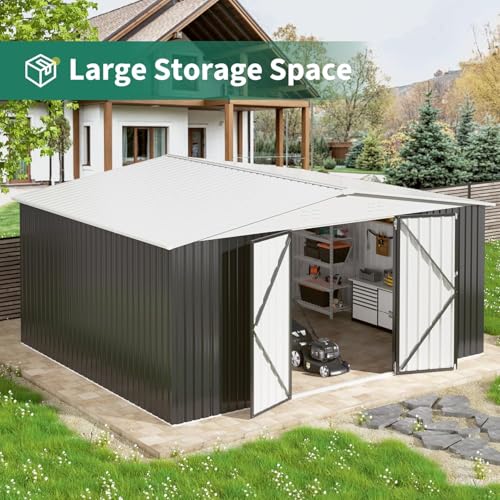 12x14 FT Outdoor Storage Shed, Garden Shed with Updated Frame Structure and Lockable Doors, Metal Tool Sheds for Backyard Garden Patio Lawn, White