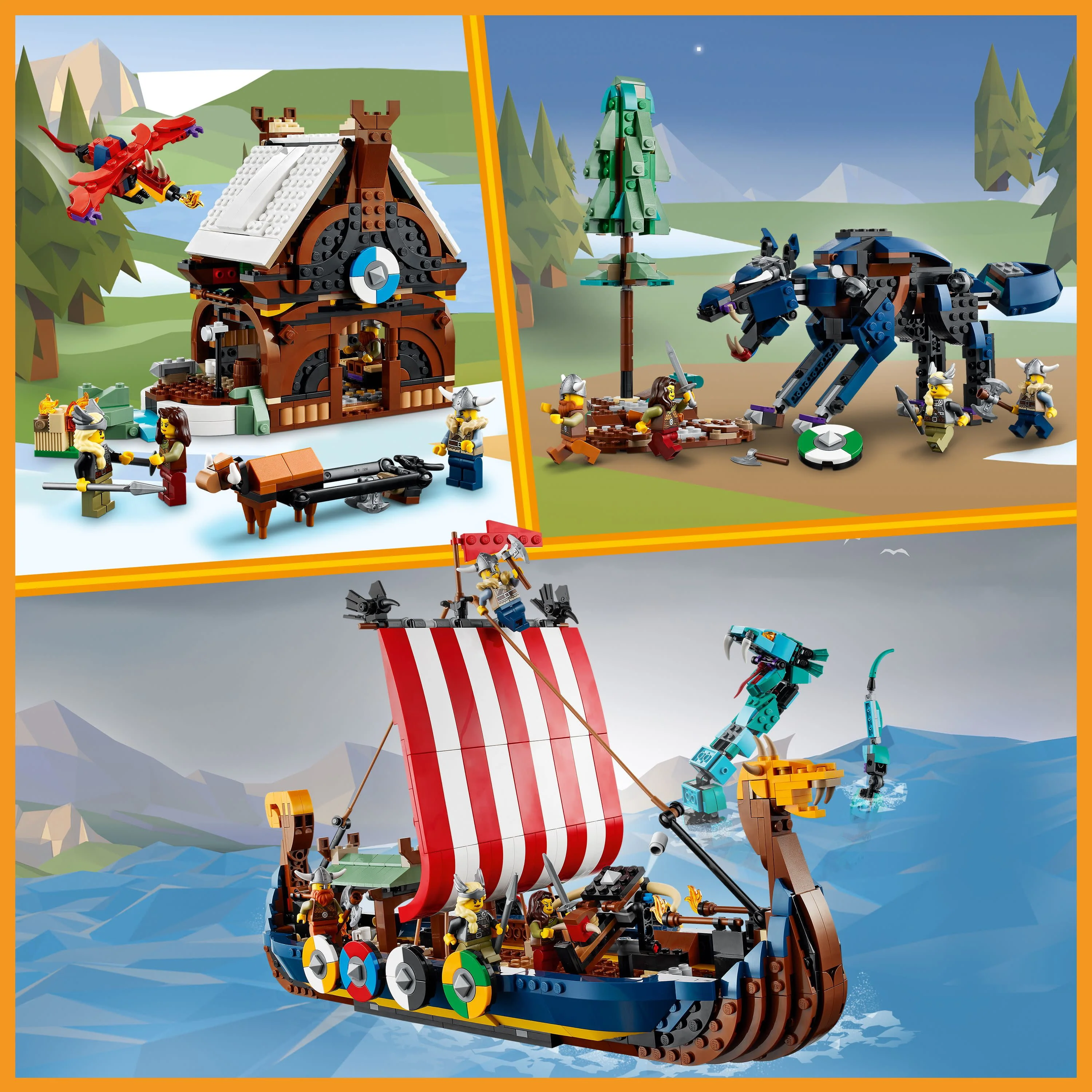 LEGO Creator 3 in 1 Viking Ship and the Midgard Serpent, Transforms from Amazing Ship to Viking House or Fenris Wolf Figure, Gifts for Kids, Boys