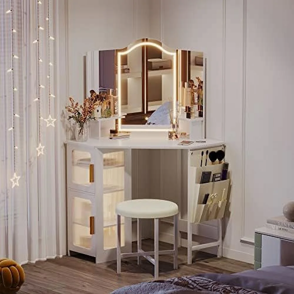 Vanity Desk with Mirror and Lights  Makeup Vanity with Charging Station  Dressing Table with 3 Lighting Options  Vanity Set with Drawers