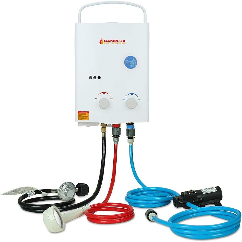 Camplux 1.32 GPM Outdoor Portable Propane Tankless Water Heater with 1.2 GPM Water Pump Kits, Gray