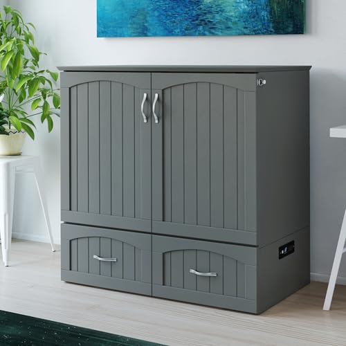 AFI Southampton Queen Murphy Bed Chest with Mattress, Storage, and Built-in Charger in Grey