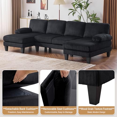 VINGLI 110" Sectional Couches for Living Room,U Shaped Couch with Double Chaise, 4-Seat Sofa Set with Chenille Fabric for Home Furniture,Forest Green