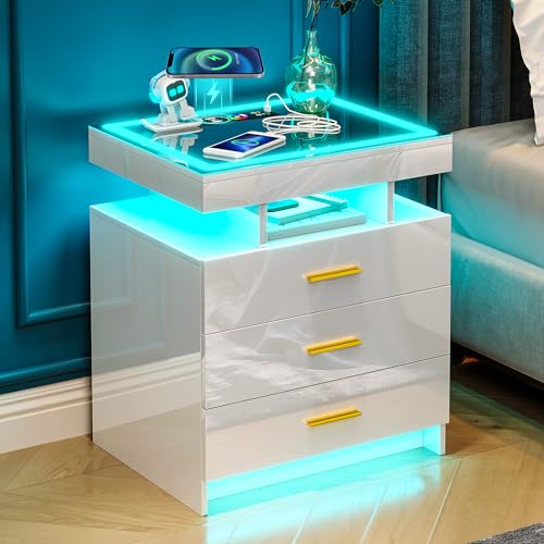 HNEBC LED Nightstand with Wireless Charging Station, Night Stand with 3 Drawers for Bedroom Furniture,End Side Table has Dancing Lights