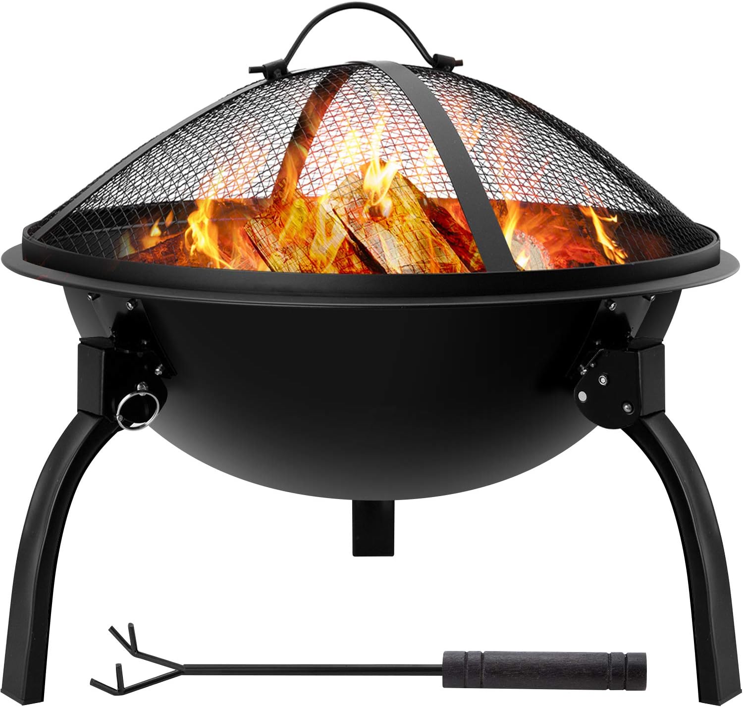 AMAGABELI GARDEN & HOME Fire Pit Outdoor Wood Burning Portable Folding 22in Firepit Firebowl Fireplace Poker Spark Screen Retardant Mesh Lid Deep