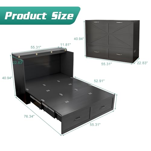 Full Size Murphy Chest Bed with Drawer and Charging Station, Farmhouse Wood Space-Saving Hidden Folding Bed Chest