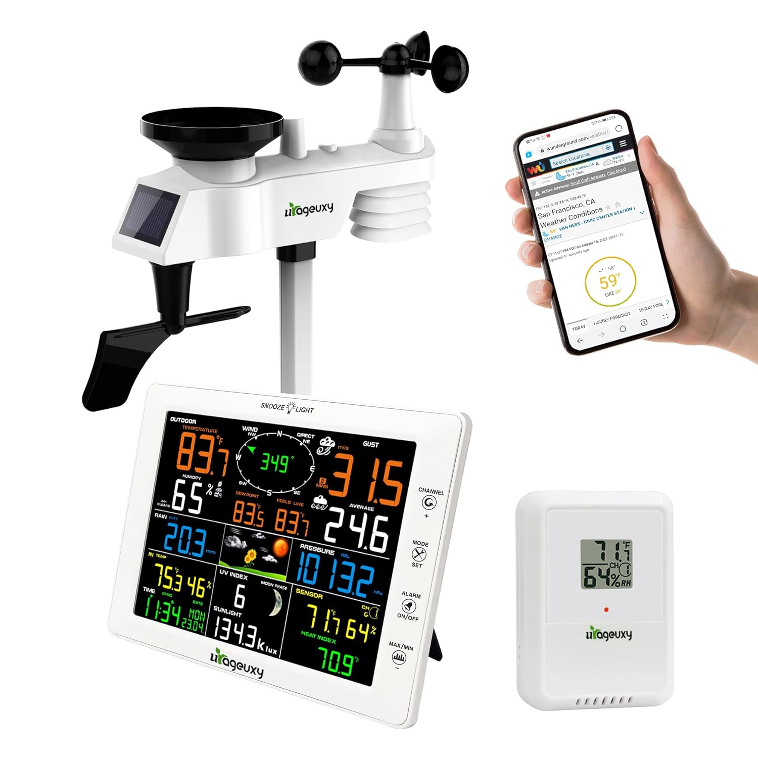 Urageuxy Home WiFi Weather Station Smart 10 Inch Color Display Console with Wireless Weather Forecast Outdoor Sensors
