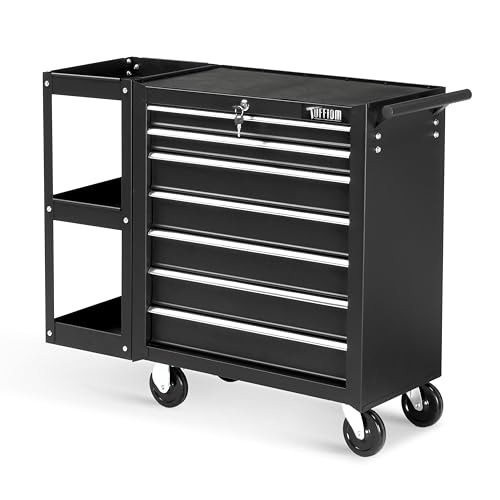 TUFFIOM 7-Drawer Rolling Tool Chest with Side Shelves, Tool Storage Side Cabinet w/Lockable Wheels, Top Cushion & Drawer Liners