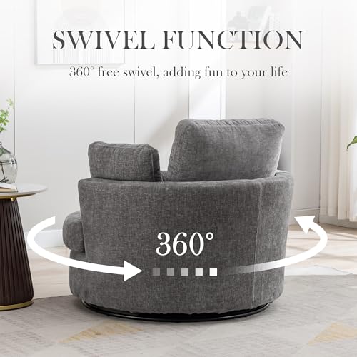 Aoiy & Wifon 42.2" W Oversized Swivel Barrel Chair with Ottoman, Upholstered Round Accent Chair with Storage Ottoman, Chenille, Beige