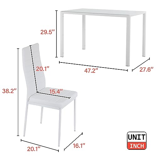 FDW | 5-Piece Dining Table Set | Glass Kitchen Table with 4 Upholstered Chairs | Space-Saving Design | Faux Leather Cushions | Modern Rectangular