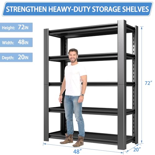 5-Tier Heavy Duty Garage Shelving Unit, 3000 LBS Capacity Metal Storage Rack 72" H x 48" W x 20" D, Adjustable Steel Shelves for Garage, Warehouse