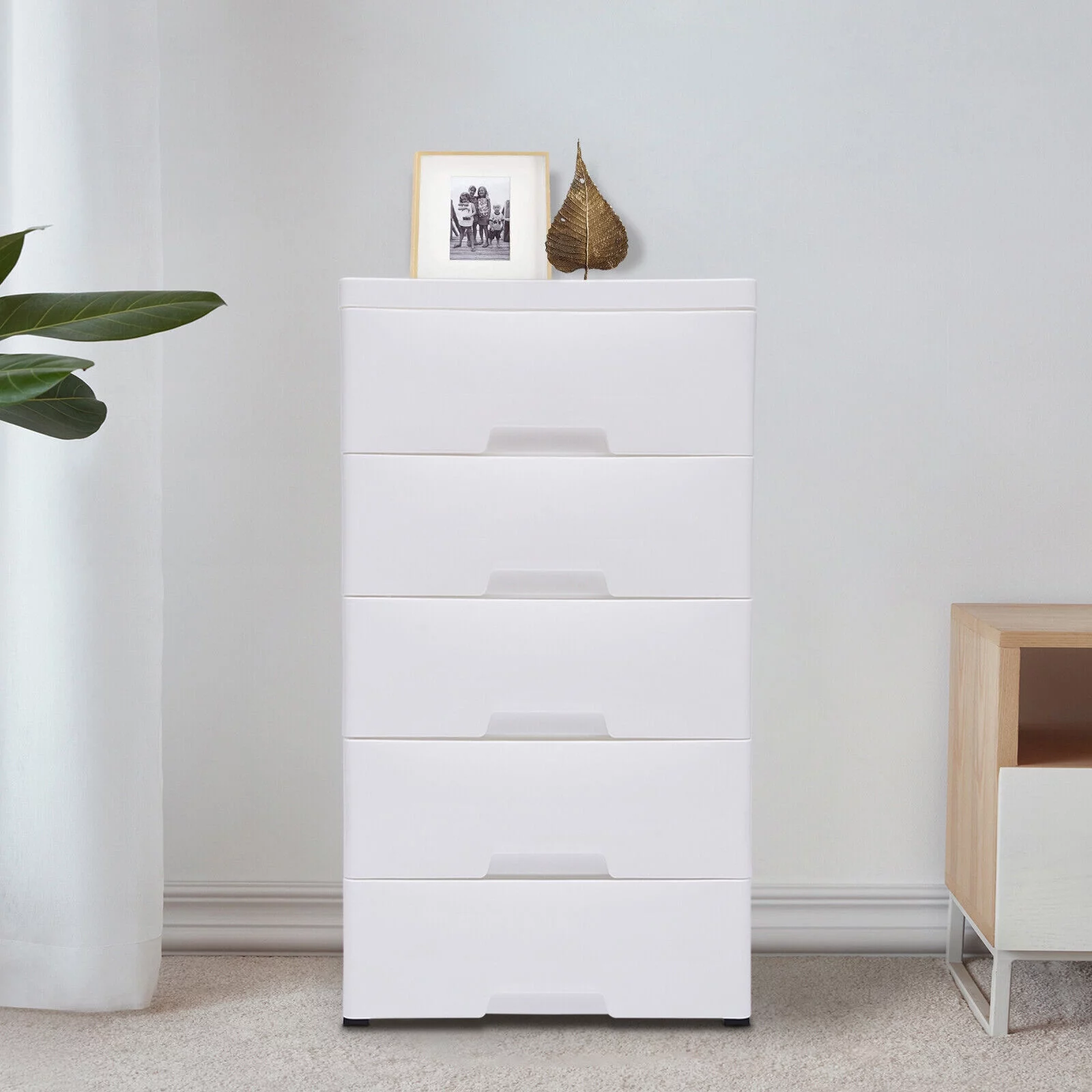 5 Drawers Dresser Chest Drawers Plastic Clothes Storage Bedroom Furniture White