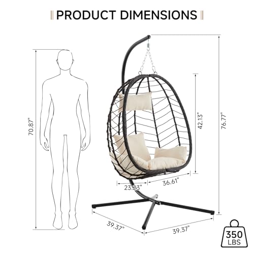 Outdoor Hanging Egg Chair, Patio Wicker Swing Chair with Stand and Cushion, Wider Basket Seating