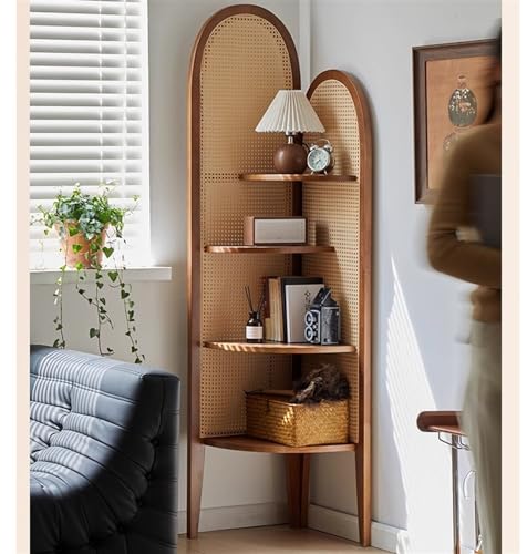 Corner Shelf Corner Bookshelf 4 Tier Corner Shelf Wooden Corner Bookshelf Rattan Weaving Bookcase and Plant Stand for Living Room Bedroom Corner