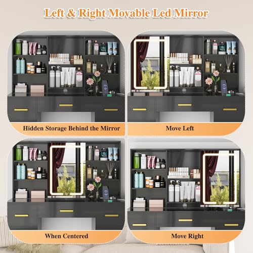 47'' Large Vanity Desk with Mirror and Lights, 7 Drawers, 8 Storage Shelves Vanity Table, Big Makeup Vanity Desk with 3 LED Lighting Modes