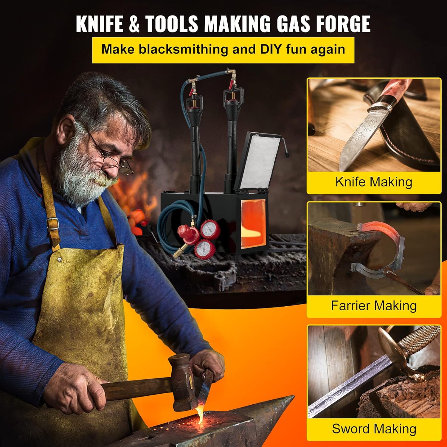 VEVOR Propane Knife Forge, Blacksmithing Forge with Dual Burners, Portable Propane Forge with Two Durable Doors, Large Capacity Farrier Forge