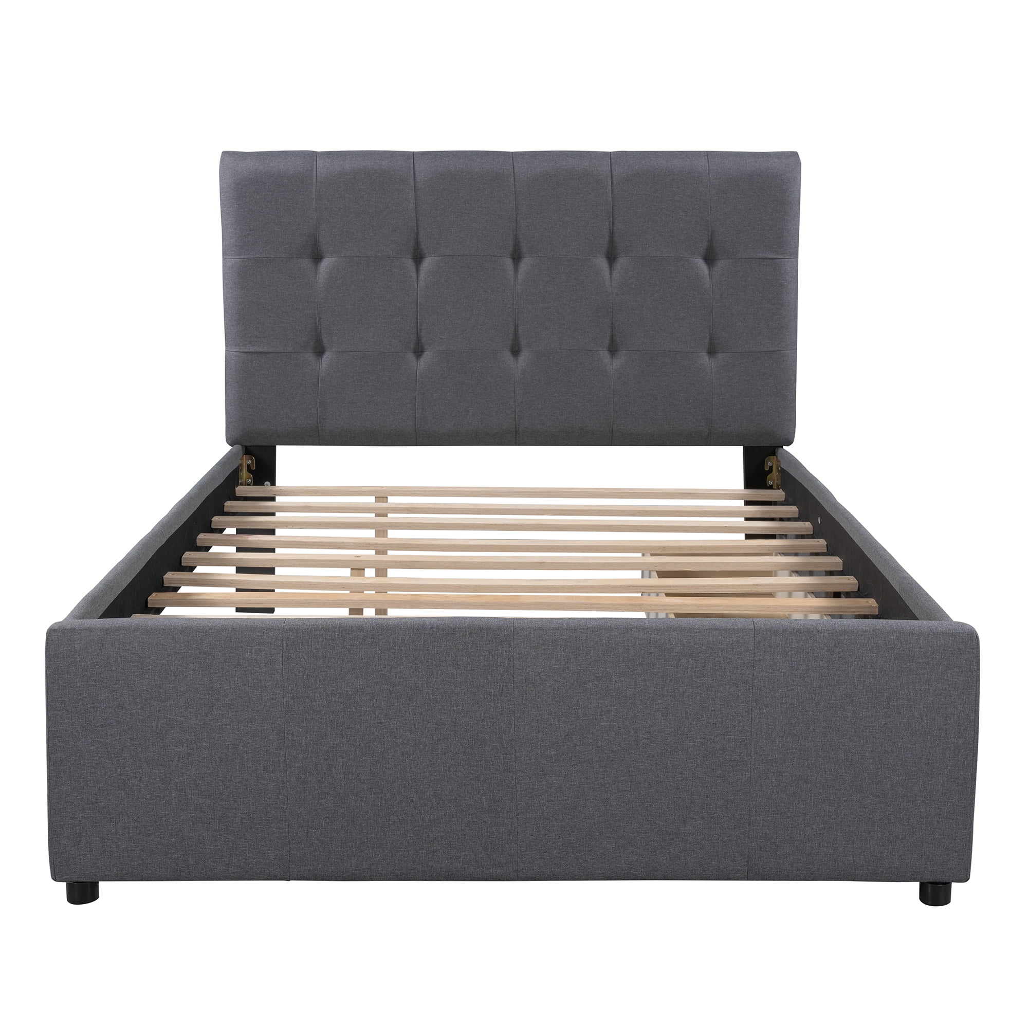 Euroco Upholstered Full Size Platform Bed with 2 Drawers for Kids Room, Solid Wood Daybed for Guests room, Gray