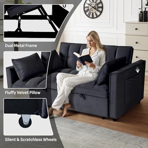 FLEXISPOT XCT4 Convertible Sofa Bed, 3-in-1 Loveseat Sofa Couch with Adjustable Backrest, Pull Out Couch with 2 Pillows & 2 Side Pockets
