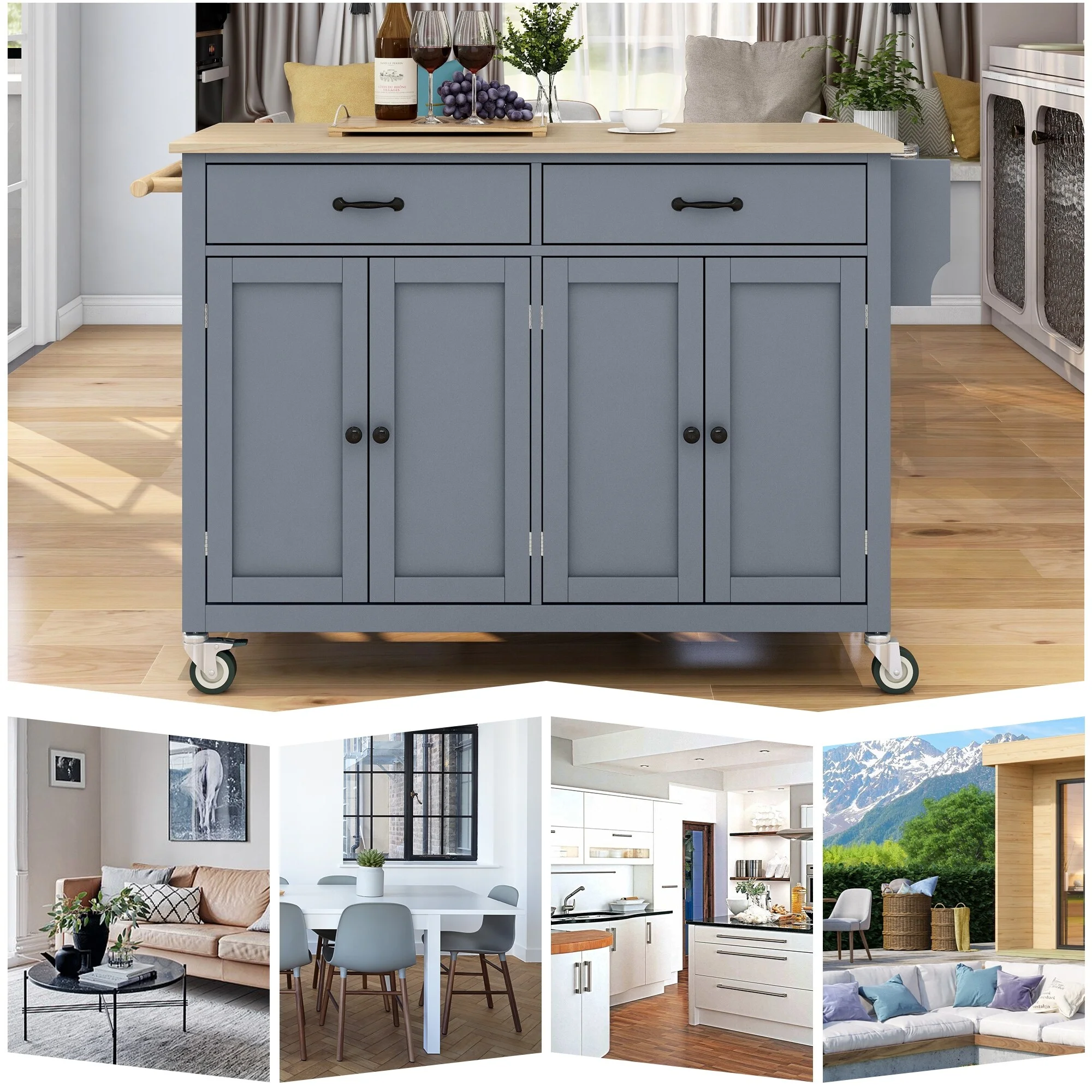 Lordear Kitchen Island Cart Cabinet with Solid Wood Top and Locking Wheels, Spice Rack and Towel Rack Grey - Radiant Selections