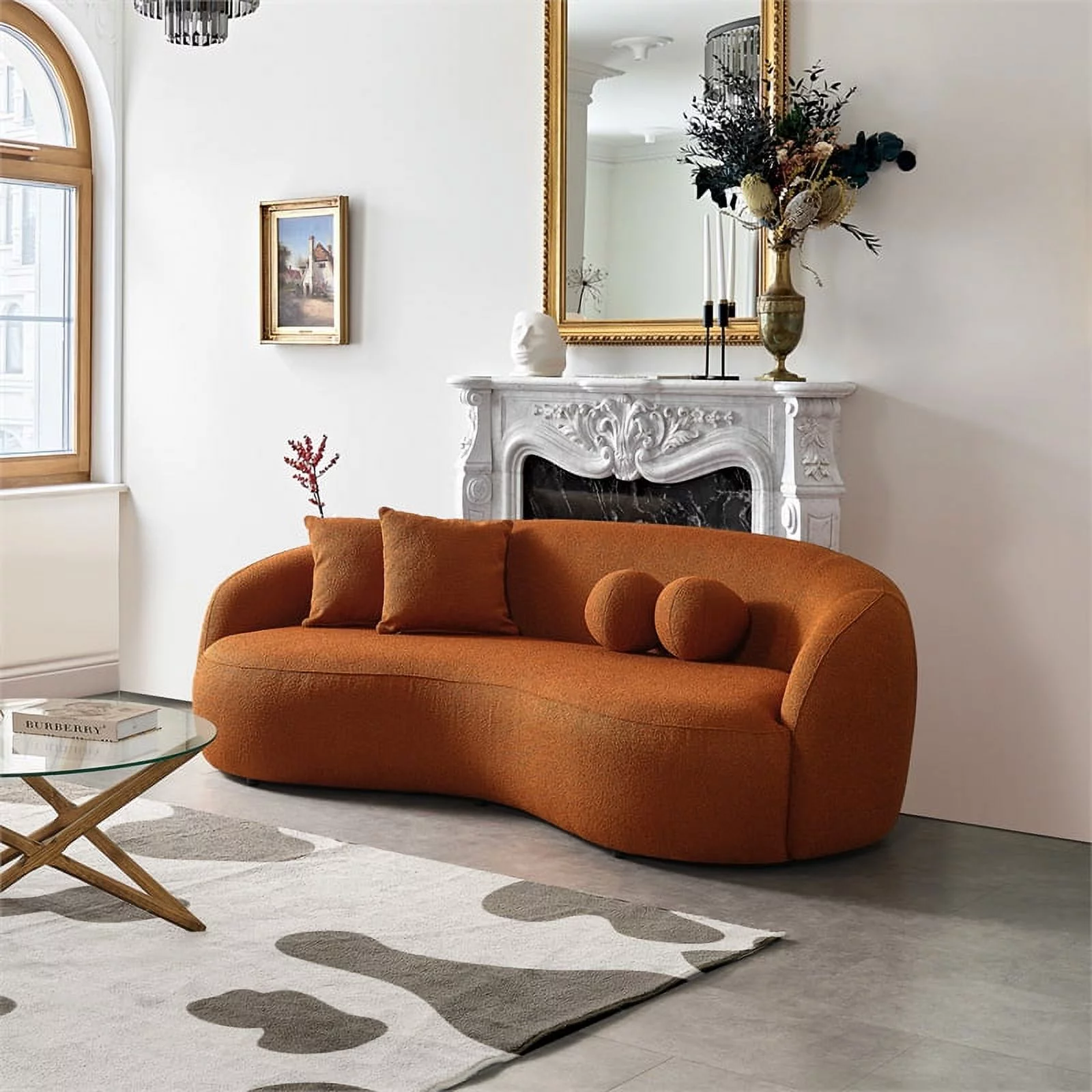 Bloom Japandi Style Luxury Modern Boucle Fabric Curvy Couch in Orange