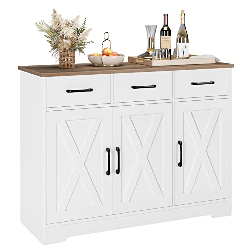 HOSTACK Modern Farmhouse Sideboard Buffet Cabinet, Barn Doors Buffet Storage Cabinet with Drawers and Shelves
