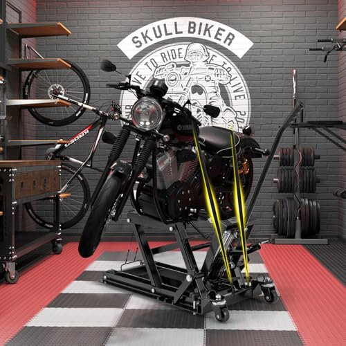 Goplus Motorcycle Lift, 1500 LBS Hydraulic ATV Scissor Jack with Footplates & Long Handle, 2 Ratchet Belts, 4 Wheels, 4.7”-15” Lifting Range