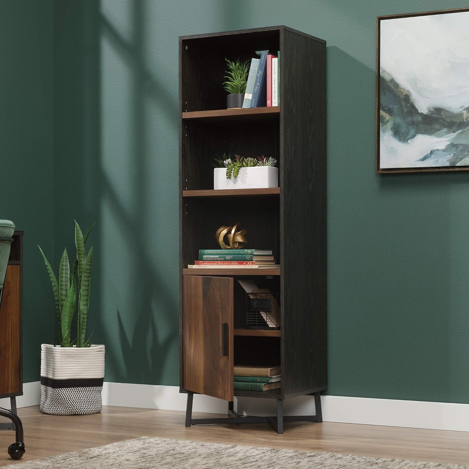 Sauder Canton Lane Bookcase with Door, L: 17.99 x W: 15.55 x H: 60.12, Brew Oak Finish