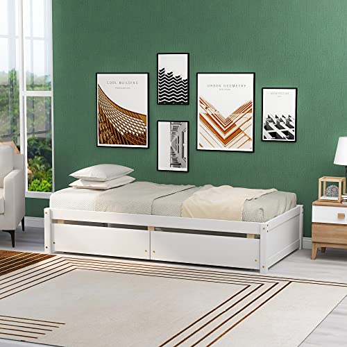 SOFTSEA Twin Size Platform Bed with Storage Drawers, Wooden Platform Bed Frame with 2 Drawers, Storage Platform Bed with Headboard