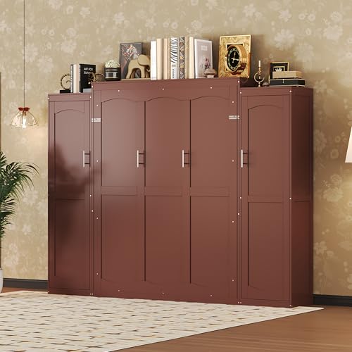 Queen Size Murphy Bed Wall Cabinet with 2 Wardrobe and Storage Shelf, Wooden Murphy Cube Wall Bed