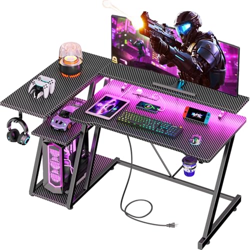 55 Inch Gaming Desk with Power Outlet & LED Lights, L Shaped Gamer Computer Table with Storage Shelves for Bedroom, Corner Home Office Desk