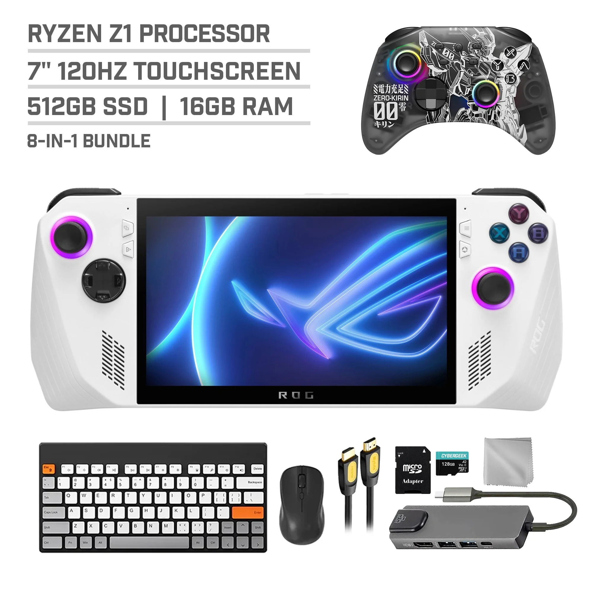 ASUS ROG Ally 512GB Gaming Handheld 7-inch Touchscreen 120Hz FHD 1080p AMD Ryzen Z1 Processor, Mytrix Zero-Kirin Wireless Pro Controller, Hub