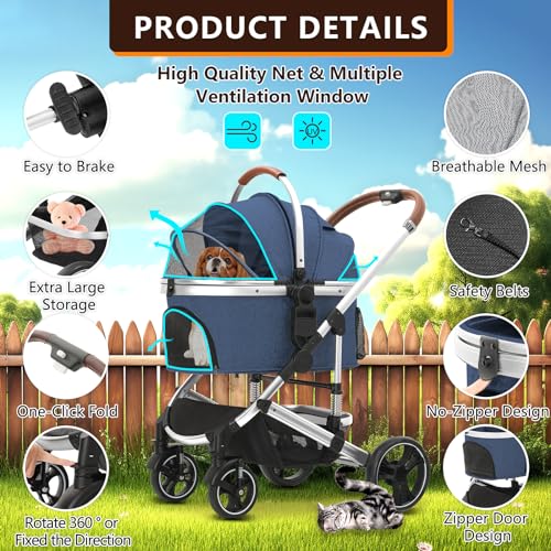 Pet Stroller 3 in 1 Folding Lightweight Dog Stroller with Detachable Carrier & Storage Basket, Premium 4 Wheels Travel for Puppies, Doggies