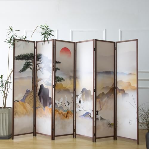 6 Panel Room Divider Screen,Double Faced Room Divider Folding Wall Divider for Room Separation,Mountains and Waters Landscape,67" H x 94.5" W