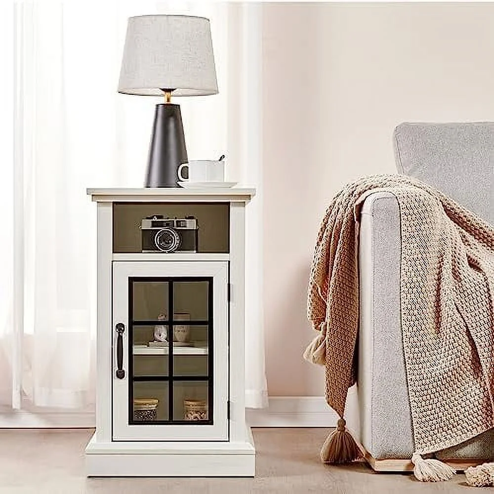 Set of 2 End Table with Charging Station&amp;USB Ports   Side Table Cabinet with Glass Door for Living Room  Bedroom  Distressed White