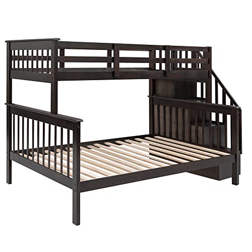 Ball & Cast Twin-Over-Twin Bunk Bed with Twin-Size Trundle and 3 Storage Stairs,Wood Bunkbed w/Full-Length Guardrails,Slat Support