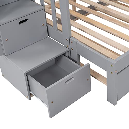 Ball & Cast Twin-Over-Twin Bunk Bed with Twin-Size Trundle and 3 Storage Stairs,Wood Bunkbed w/Full-Length Guardrails,Slat Support