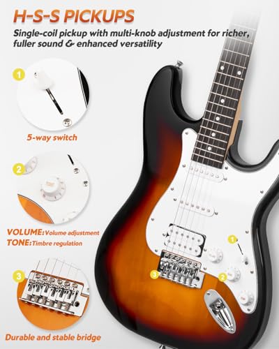 STRICH Electric Guitar Beginner Kit, Solid Body 39" Full Size Electric Guitar HSS Pick Up for Starter, with 10W Amp, Bag, Digital Tuner, Capo, Strap