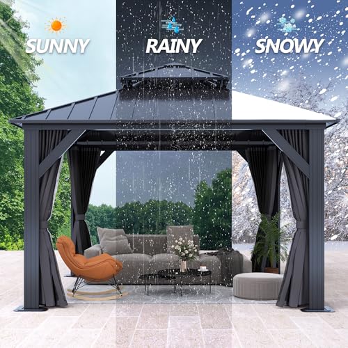 12'x12' Hardtop Gazebo, Outdoor Double Roof Galvanized Steel Gazebos, Aluminum Frame Permanent Pavilion with Curtains & Netting for Backyard, Patio