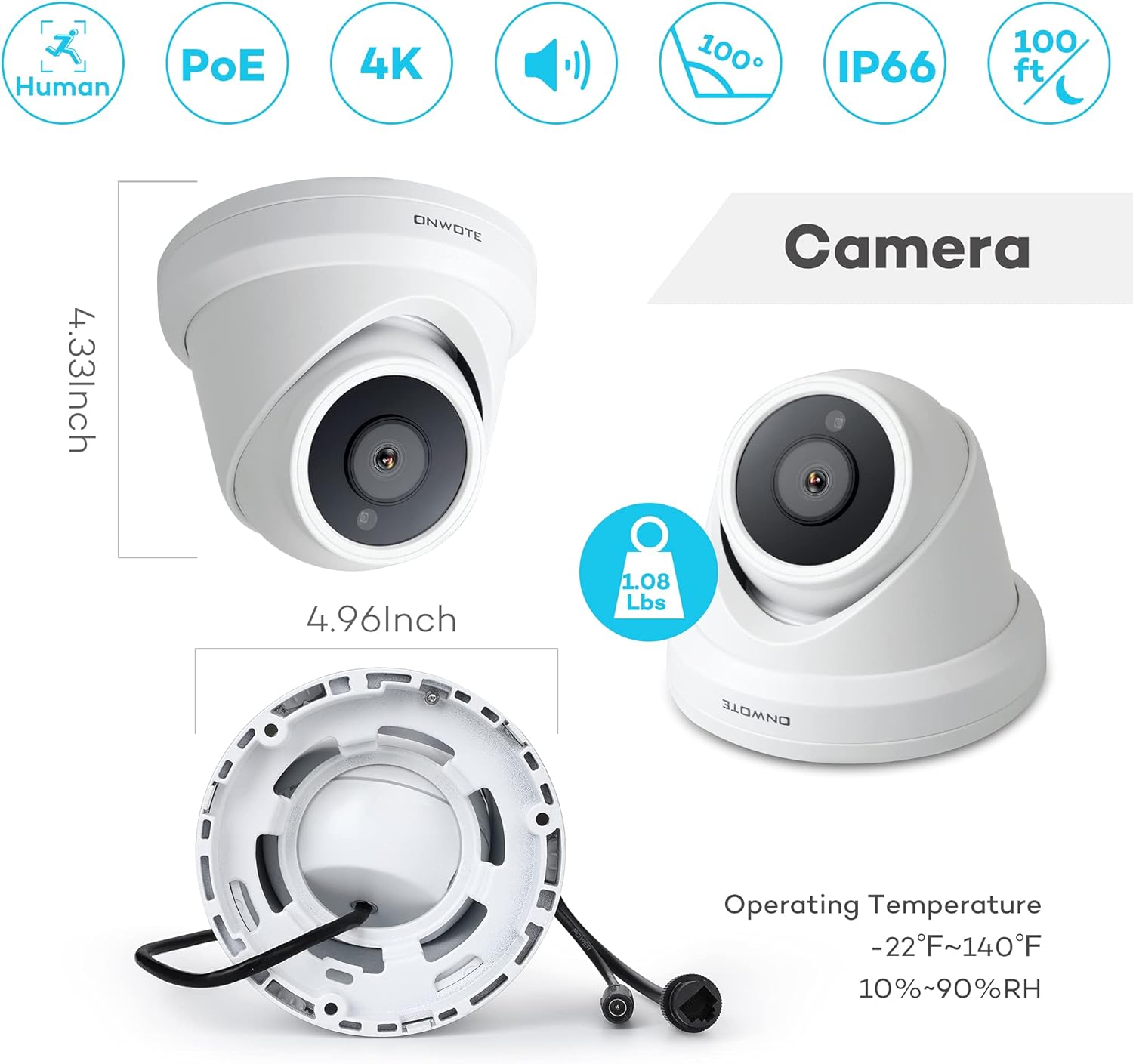 ONWOTE 4K Security Camera System 16 Channel, (8) 4K PoE IP Cameras with AI-Human-Detection, 16CH H.265+ 4K 8MP NVR 4TB HDD, 2-Storage-Bay