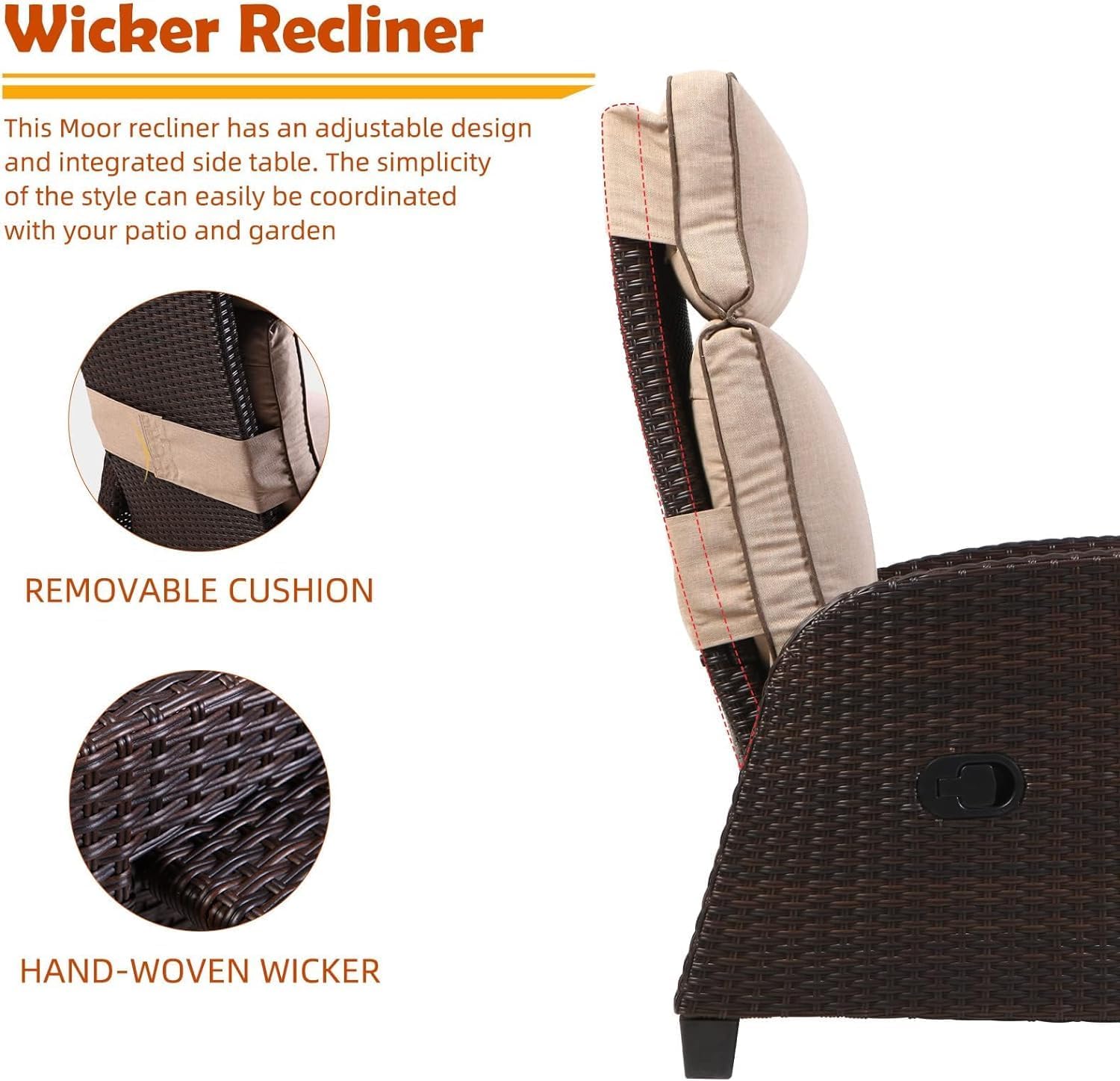 Yangming Patio Reclining Adjustable Lounge Chair with Hand-Woven Wicker, Rust-Resistant Frames, and Thick Cushion for Indoor & Outdoor, Beige