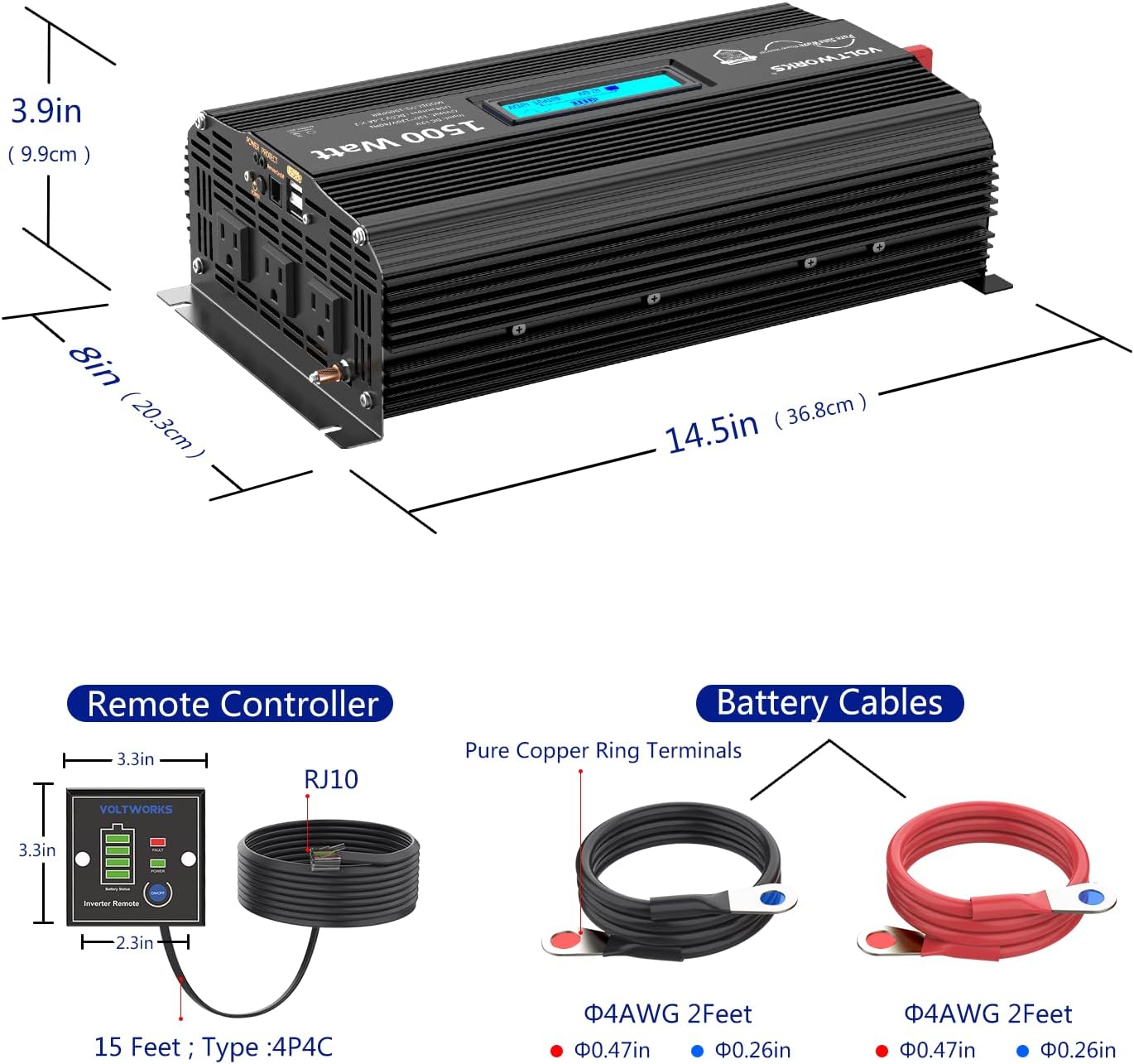 Pure Sine Wave 2500 Watt Car Power Inverter 2500w Converter DC 12V to 110V-120V AC with LCD Display 2 AC Outlets 2x2.4A USB Ports 1 AC Terminal Block