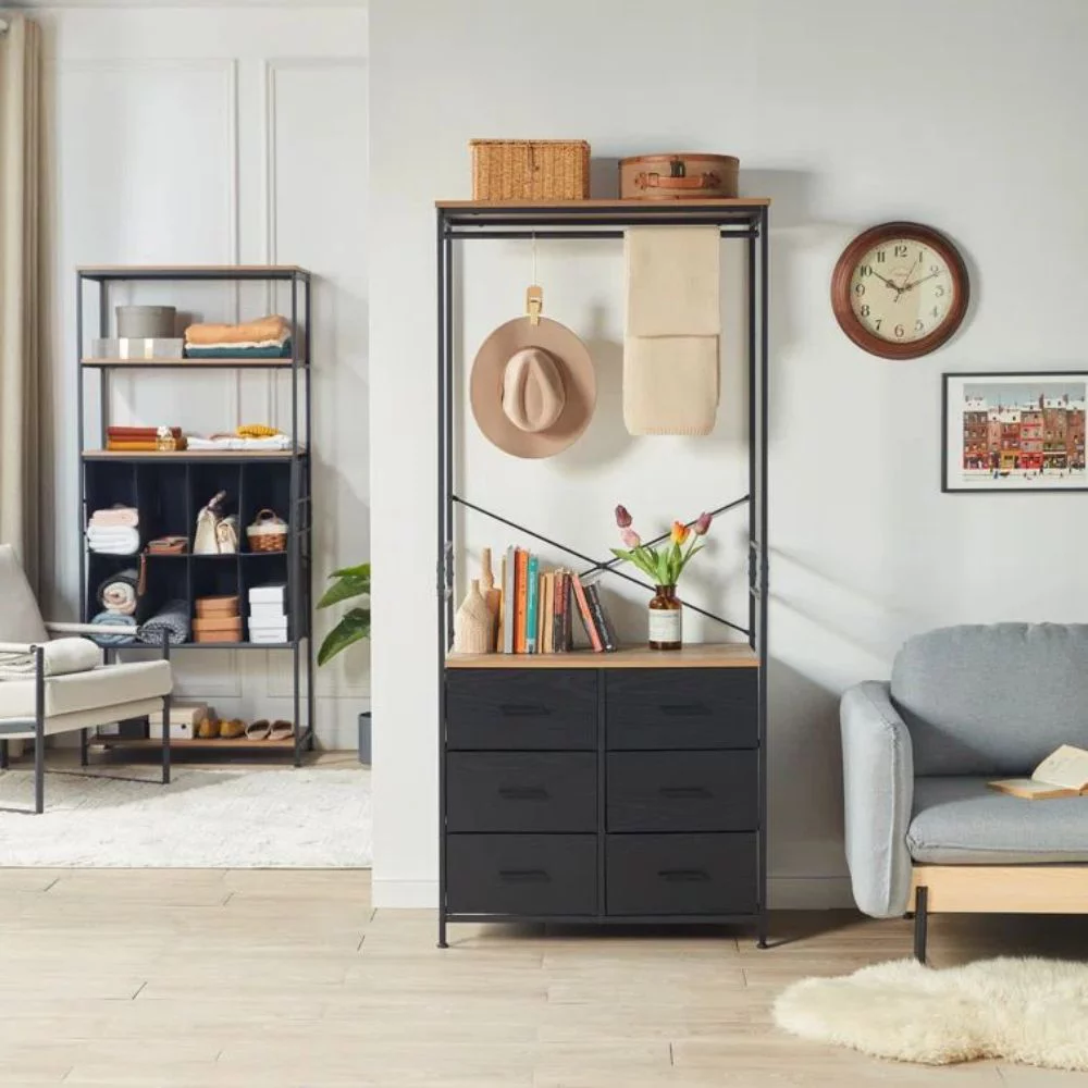 FRAPOW Freestanding Clothing Racks, Wardrobe Cabinet with Hanging Rod and 6 Drawer, Wardrobe Armoire for Bedroom, Wooden Roof
