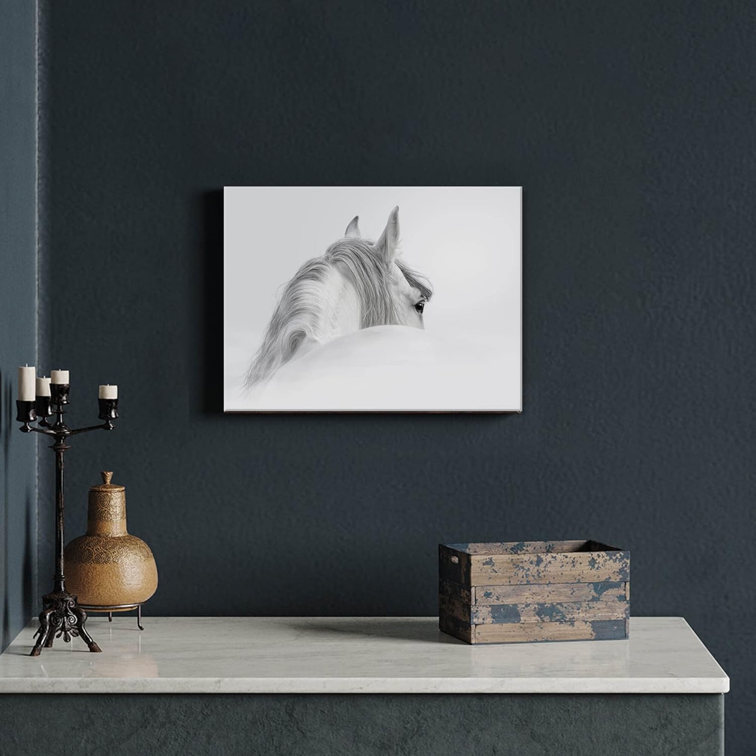 Bedroom Horse Canvas Wall Art: White Pony Picture Equestrian Print Large Modern Animal Portrait Artwork Contemporary Wildlife Painting for Bathroom