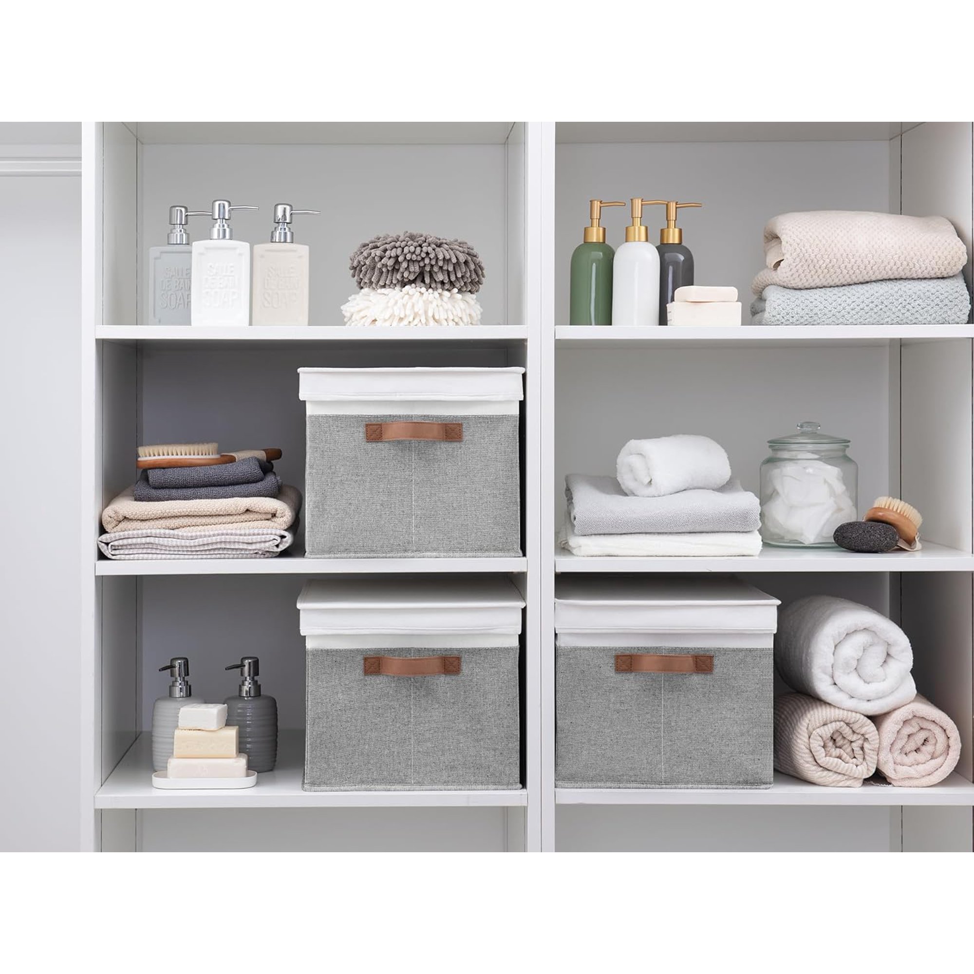 Storage Bins with Lids, Decorative Storage Boxes with Lid and PU Handles, Foldable Storage Baskets for Closet, Shelves, Stackable, Grey and White
