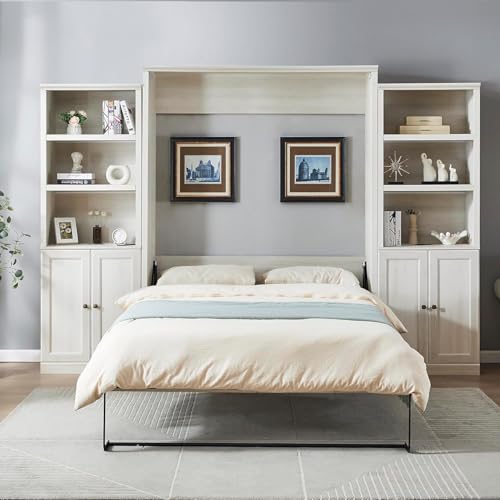 MERITLINE Queen Size Murphy Bed with Storage Bookcase Shelves,Cabinet and Charging Station,Wood Folding White Murphy Wall Bed