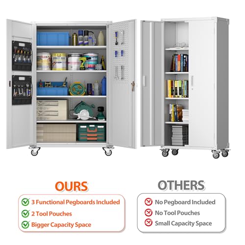Aobabo 71" H×32" W×16" D Metal Storage Cabinet with Wheels, Garage Steel Storage Cabinet with 5 Adjustable Shelves and 4 Hooks for Home Office