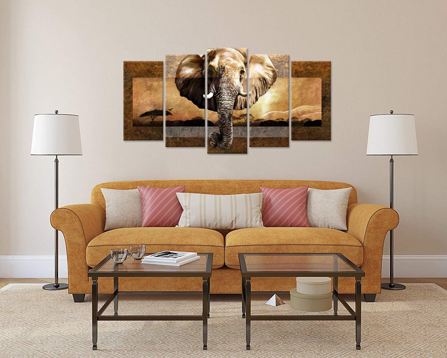 iHAPPYWALL Large 5 Pieces African Animal Canvas Wall Art Wild Elephant African Landscape Artwork Painting on Canvas For Modern Home Bedroom Decor