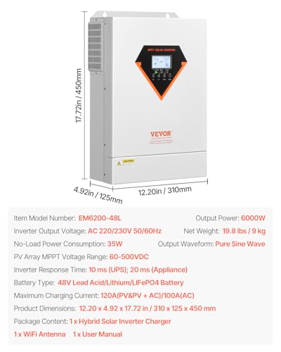 VEVOR Hybrid Solar Inverter, 6000W, All in One Pure Sine Wave Power Inverter Charger, 48V DC to 220/230V AC, with Built-in 120A MPPT Solar Controller