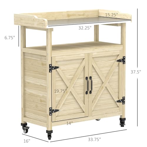 Outsunny Outdoor Wooden Potting Bench Table, Garden Workstation with Storage Cabinet, Aluminum Table Top, Rubber Wheels for Backyard, Patio, Balcony