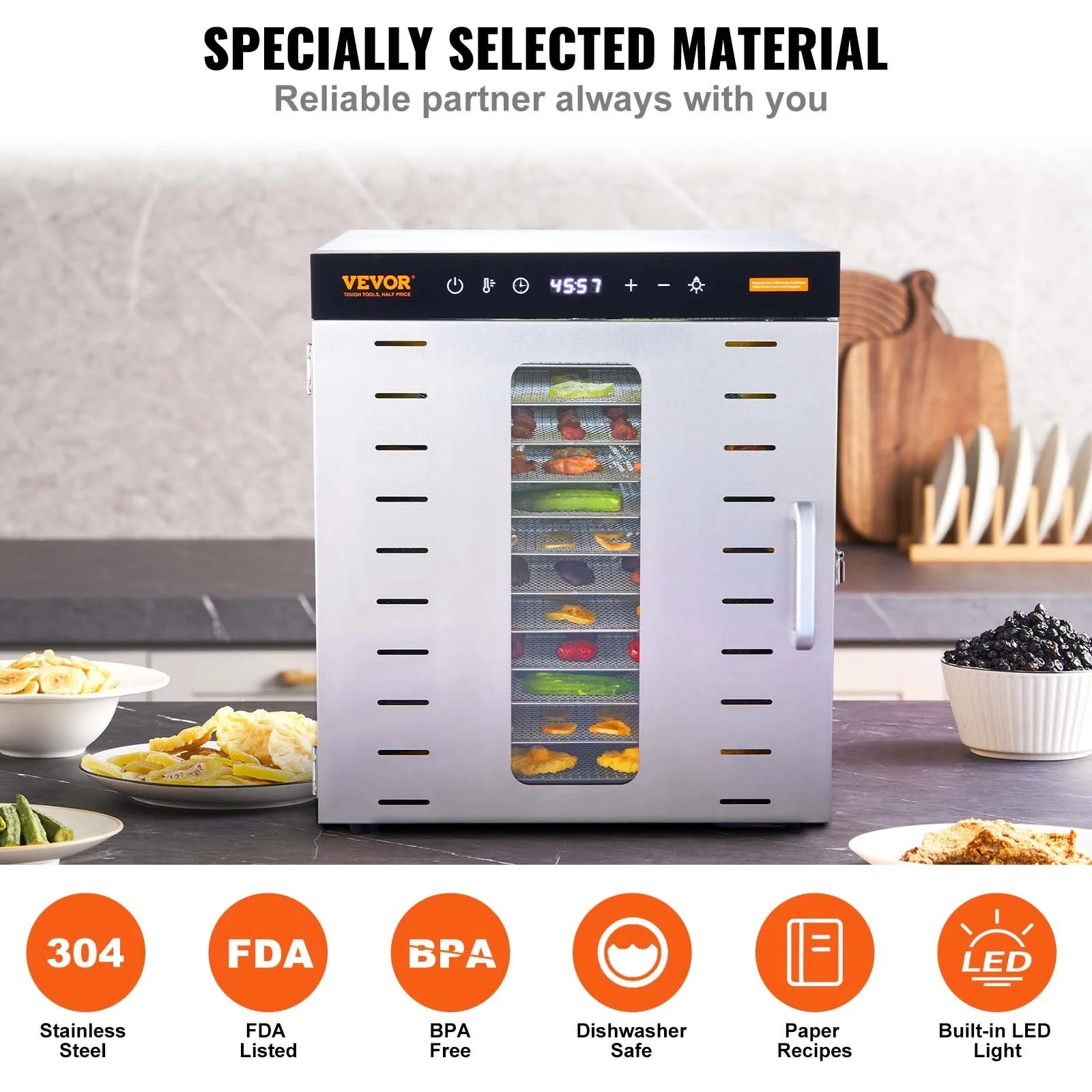 VEVOR Food Dehydrator Machine, 10 Stainless Steel Trays, 1000W Electric Food Dryer with Digital Adjustable Timer & Temperature for Jerky, Herb, Meat